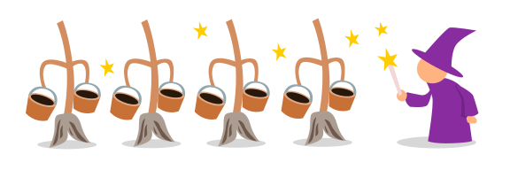 A picture of the Sorcerer’s apprentice enchanting brooms to fetch water